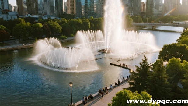 绿树环绕的夏日城市河道喷泉景观