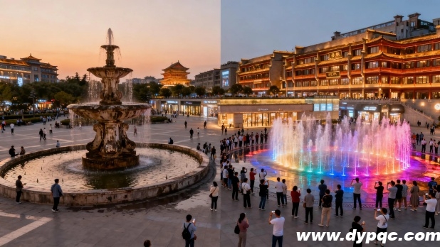 略显冷清的景观喷泉对比热闹的音乐旱喷泉