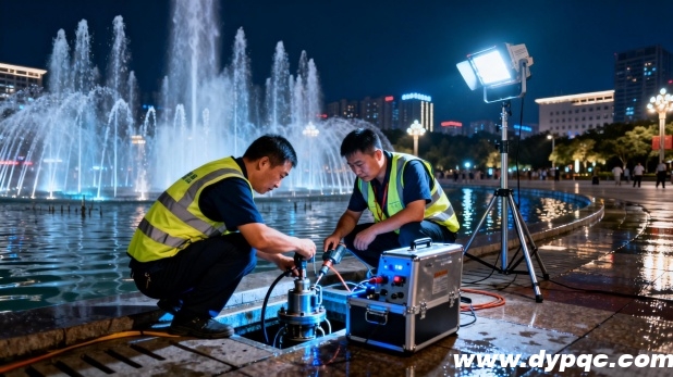 应急维修团队在夜间处理喷泉故障