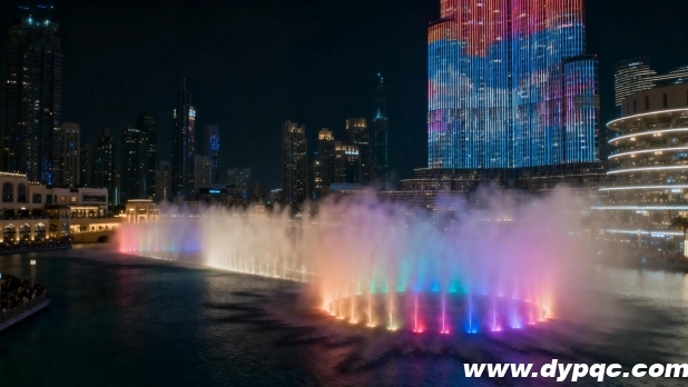 高楼幕墙与喷泉灯光构成繁华都市夜景