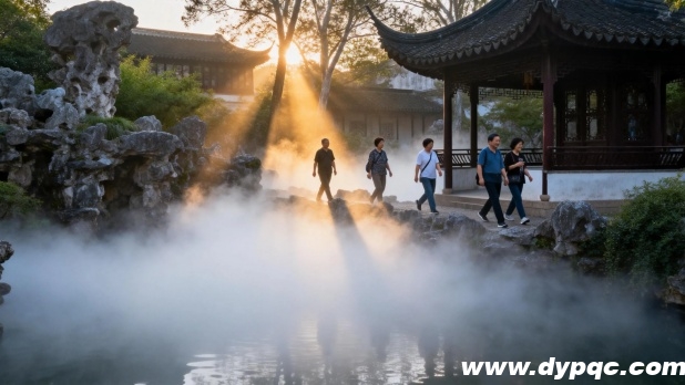 中式园林的假山水榭旁雾森轻柔地弥漫在空气中