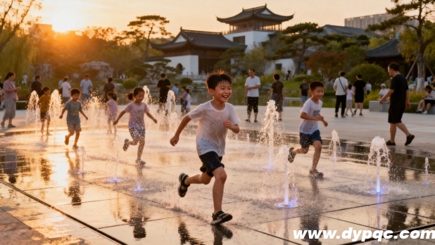 城市公园互动旱喷，水柱随孩子们跑动跳跃