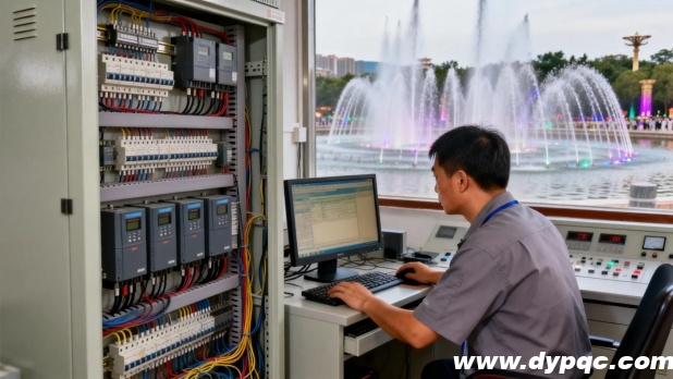 专业工程师正在调试喷泉程序