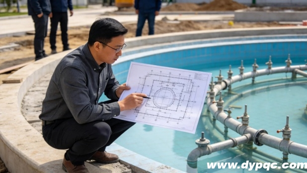 工程师在施工现场对照图纸检查