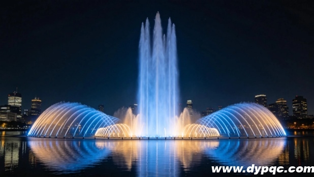 喷泉水秀夜景蓝色与金色灯光交织