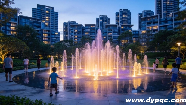 城市公园舒缓的音乐搭配高低错落的水柱